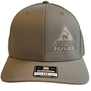 Image of olive trucker hat with Big H.A.R.T. Adventures logo